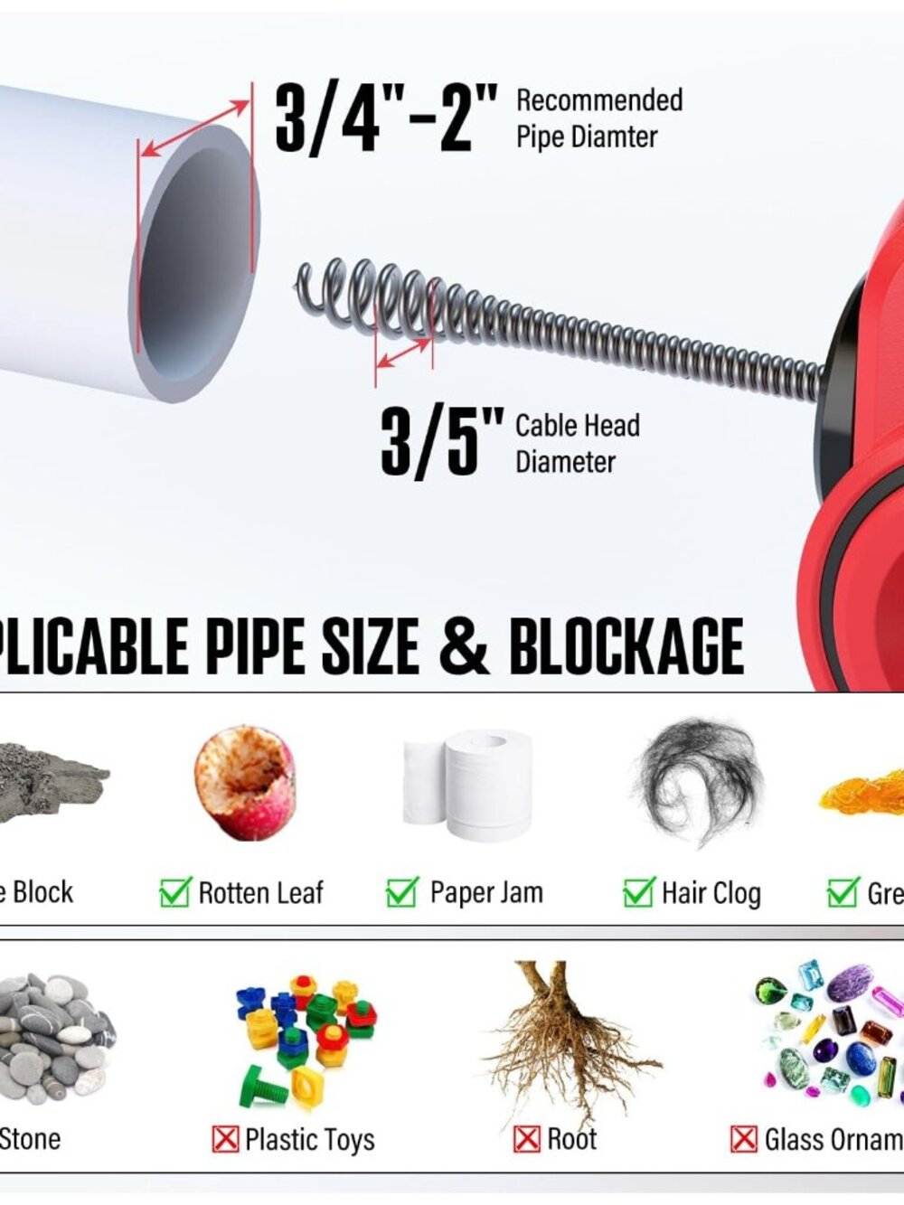 20V Cordless Electric Drain Snake, 25Ft Replaceable Cable with 2.0Ah Battery, Ex - Picture 4 of 9